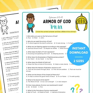 Puede incluir: Una hoja de trabajo de trivia sobre la armadura de Dios con once preguntas de opción múltiple basadas en Efesios 6:10-18. El documento incluye una ilustración de un personaje, un icono de casco amarillo y el texto Armor of God Trivia.