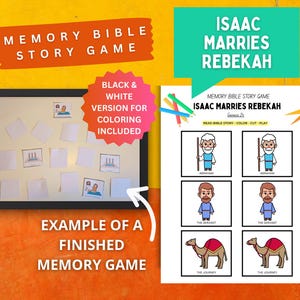 May include: A memory Bible story game titled Isaac Marries Rebekah, featuring a black-framed board with blank and illustrated cards, alongside a printable sheet with coloured cartoon characters including Abraham, a servant, and a camel.