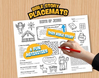 Birth of Jesus Bible Placemat: Nativity Craft, Sunday School activity, Church Kids Placemat, Activity Pages, Christian Homeschool
