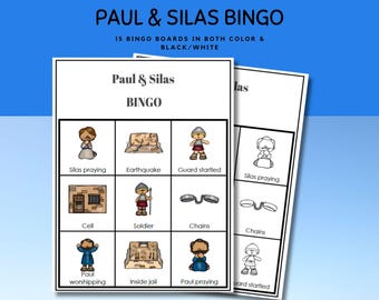 May include: Paul & Silas Bingo game set featuring 15 bingo boards in both color and black and white. The boards include illustrations of figures and objects like a praying Silas, an earthquake, a guard, a cell, a soldier, chains, and Paul.