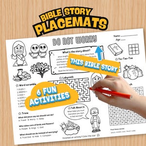 Könnte beinhalten: Eine Bibel-Geschichte-Tischset mit dem Text "Bible Story Placemats" und "Do Not Worry". Das Tischset enthält Illustrationen, Worträtsel, Quizfragen und ein Labyrinth. Die Wörter "This Bible Story" und "6 Fun Activities" sind ebenfalls sichtbar.