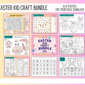 Easter Kid Craft Printable Bundle, Easter Activity page, Bunny paper crown, build a Bunny, Bunny finger puppet, Craft for kids