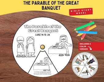 以下が含まれることがあります： The Parable of the Great Banquet Luke 14:15-24と題された円形のペーパークラフトで、人物と宴会のテーブルの白黒線画が描かれています。小さめのカラー版と色鉛筆が含まれています。