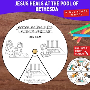 May include: A Bible story wheel illustrating "Jesus Heals at the Pool of Bethesda" with text from John 5:1-15. The wheel features black and white drawings and the text "Includes a colour version". Several coloured pencils are visible.