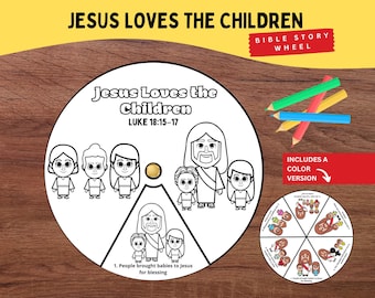 May include: A circular paper Bible story wheel titled Jesus Loves the Children Luke 18:15-17 with black and white line art illustrations of Jesus and children. Includes a small gold fastener, a set of coloured pencils, and a smaller coloured version.