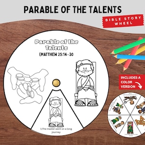 May include: A circular paper craft titled Parable of the Talents Matthew 25:14-30 featuring black and white line art of hands holding coins and a seated figure. A small gold fastener is in the centre. Includes coloured pencils and a small colour version.