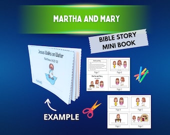 May include: A printable Bible story mini book set featuring Martha and Mary and Jesus Walks on Water. The set includes a stapled example booklet, two sheets of paper with illustrated story pages, a pair of orange scissors, and colored pencils.