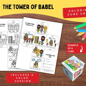 May include: A craft kit with the text "THE TOWER OF BABEL" and "COLORING CUBE CRAFT". The kit includes black and white and color versions of the cube, with instructions and an example cube. Colored pencils are on the wooden surface.