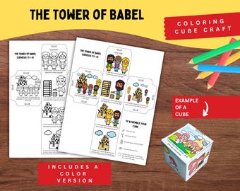 May include: A craft kit featuring "THE TOWER OF BABEL" and "COLORING CUBE CRAFT" text. The kit includes black and white and colour versions of the cube, with instructions and an example cube. Coloured pencils are on the wooden surface.