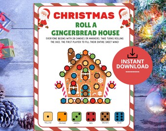 May include: A Christmas Roll a Gingerbread House game sheet featuring a gingerbread house illustration with empty circles for markers, instructions, and a dice key with colors yellow, orange, green, red, brown, and blue. Includes Santa graphics.