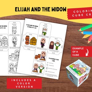 Elijah and the Widow Coloring Cube Craft, 1 Kings 17 Bible Printable for Kids | Widow of Zarephath Sunday School Activity, Homeschool Craft