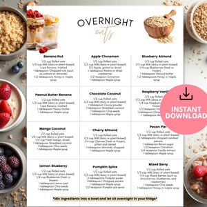 Puede incluir: Una guía de recetas para avena nocturna con varias combinaciones de sabores, incluyendo Plátano con Nueces, Manzana con Canela y Arándanos con Almendras. La imagen presenta cuencos de avena, fruta fresca y una cuchara de madera.