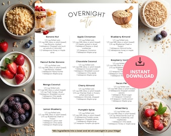 Healthy Overnight Oats Recipe Card Set | Meal Prep Kitchen Wall Art | 12 Flavor Ideas for Quick Breakfasts | Clean Eating Gift Idea