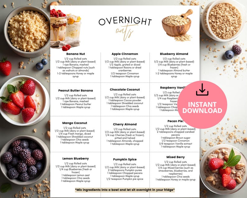 May include: A recipe guide for overnight oats with various flavor combinations, including Banana Nut, Apple Cinnamon, and Blueberry Almond. The image features bowls of oats, fresh fruit, and a wooden spoon.