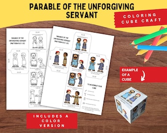 May include: A Parable of the Unforgiving Servant coloring cube craft kit featuring two printed paper sheets with black and white and full-color illustrations, assembly instructions, and one completed paper cube showing biblical scenes.