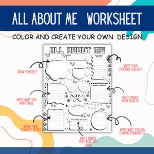 K&ouml;nnte beinhalten: Schwarz-wei&szlig;es "All About Me"-Arbeitsblatt mit Aufforderungen zum Zeichnen, Schreiben &uuml;ber Favoriten und mehr. Der Text "Color and Create Your Own Design" steht &uuml;ber dem Arbeitsblatt.