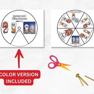 Puede incluir: Dos imprimibles educativos circulares blancos con ilustraciones y texto sobre Jes&uacute;s y Nicodemo. Una flecha roja apunta hacia los imprimibles. Un letrero rojo dice "COLOR VERSION INCLUIDA". Tambi&eacute;n se incluyen tijeras y cierres de lat&oacute;n.
