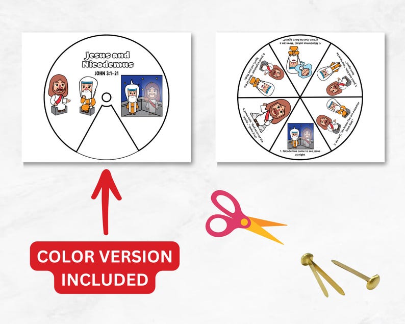 Puede incluir: Dos imprimibles educativos circulares blancos con ilustraciones y texto sobre Jes&uacute;s y Nicodemo. Una flecha roja apunta hacia los imprimibles. Un letrero rojo dice "COLOR VERSION INCLUIDA". Tambi&eacute;n se incluyen tijeras y cierres de lat&oacute;n.