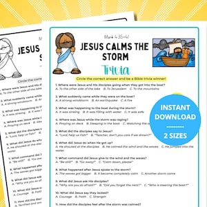 Könnte beinhalten: Ein Quizspielblatt mit dem Titel "JESUS BERUHIGT DEN STURM" mit Illustrationen von Jesus und einem Boot auf stürmischer See. Das Blatt enthält Multiple-Choice-Fragen zur biblischen Geschichte, mit einer Schaltfläche "SOFORT-DOWNLOAD".
