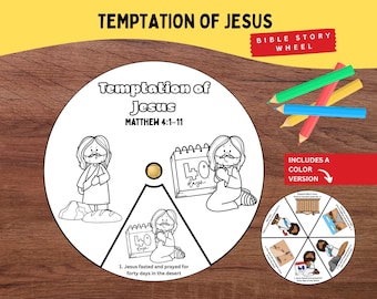 Puede incluir: Una manualidad de papel circular titulada Temptation of Jesus Matthew 4:1-11 con ilustraciones de línea en blanco y negro de Jesús, un calendario marcado 40 days y una hogaza de pan. Incluye una versión a color más pequeña y lápices de colores.