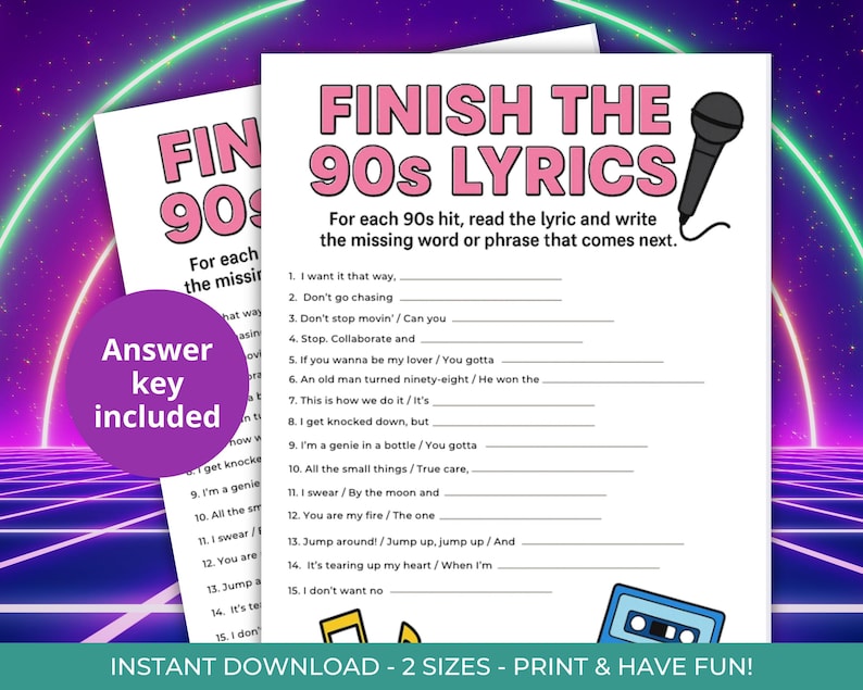 Finish the 90s Lyrics Game - Printable party game with 90s music trivia.