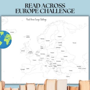 Défi Read Across Europe, carte de lecture imprimable, suiveur de livre, lecture d'un livre de chaque pays d'Europe, jeux de club de lecture, carte de l'Europe