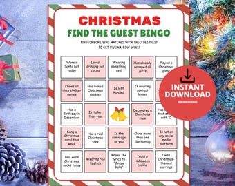 May include: A Christmas Find the Guest Bingo game card with a red and green striped border. The grid contains text prompts in pink and white squares, including a central square with two yellow bells and a red bow. A red circle says Instant Download.