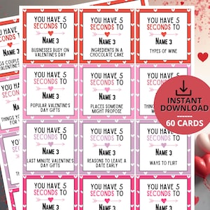May include: Valentine's Day game cards with red and pink frames. The cards have prompts such as "Ingredients in a chocolate cake" and "Reasons to leave a date early." The set includes 60 cards for a fun, interactive game.