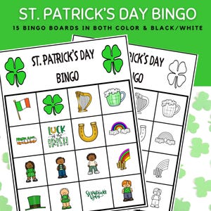 St. Patrick&#39;s Day Bingo, 15 St. Patrick&#39;s Day Bingo Cards, St Patrick Bingo Boards, St Patty Bingo Card, St Patrick Kids Classroom Activity