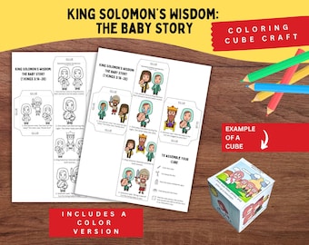 May include: A printable paper craft set titled King Solomon's Wisdom: The Baby Story, featuring black-and-white and color templates for assembling a cube. The set includes instructions, illustrations of biblical figures, and a finished cube example.