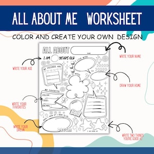 K&ouml;nnte beinhalten: Schwarz-wei&szlig;es "All About Me Worksheet" mit Aufforderungen zum Schreiben von Alter, Namen, Favoriten und Tr&auml;umen. Enth&auml;lt Bereiche zum Zeichnen eines Zuhauses und zum Auflisten von Lieblingsaktivit&auml;ten. Der Text "Color and Create Your Own Design" steht oben.