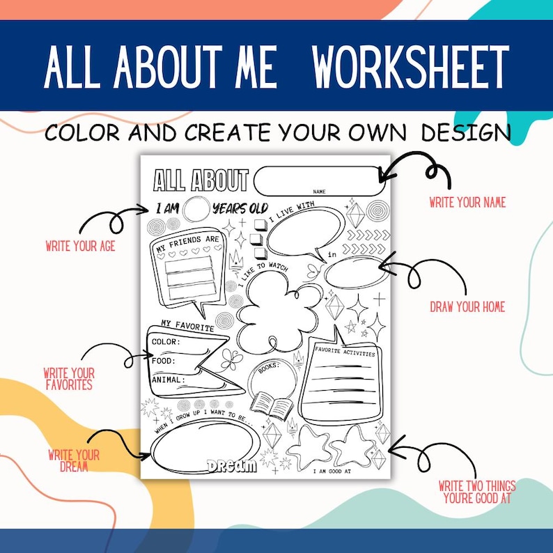 K&ouml;nnte beinhalten: Schwarz-wei&szlig;es "All About Me Worksheet" mit Aufforderungen zum Schreiben von Alter, Namen, Favoriten und Tr&auml;umen. Enth&auml;lt Bereiche zum Zeichnen eines Zuhauses und zum Auflisten von Lieblingsaktivit&auml;ten. Der Text "Color and Create Your Own Design" steht oben.