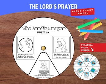 May include: A circular paper craft titled The Lord's Prayer Luke 11:2-4 featuring black and white line art illustrations of the earth and a kneeling figure. A smaller color version is shown alongside four colored pencils.