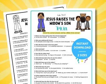 Puede incluir: Dos hojas de trivia bíblica imprimibles con el título "Jesús resucita al hijo de la viuda". Las hojas presentan ilustraciones de Jesús y otras figuras, junto con preguntas de opción múltiple. Las palabras "Descarga instantánea" también son visibles.