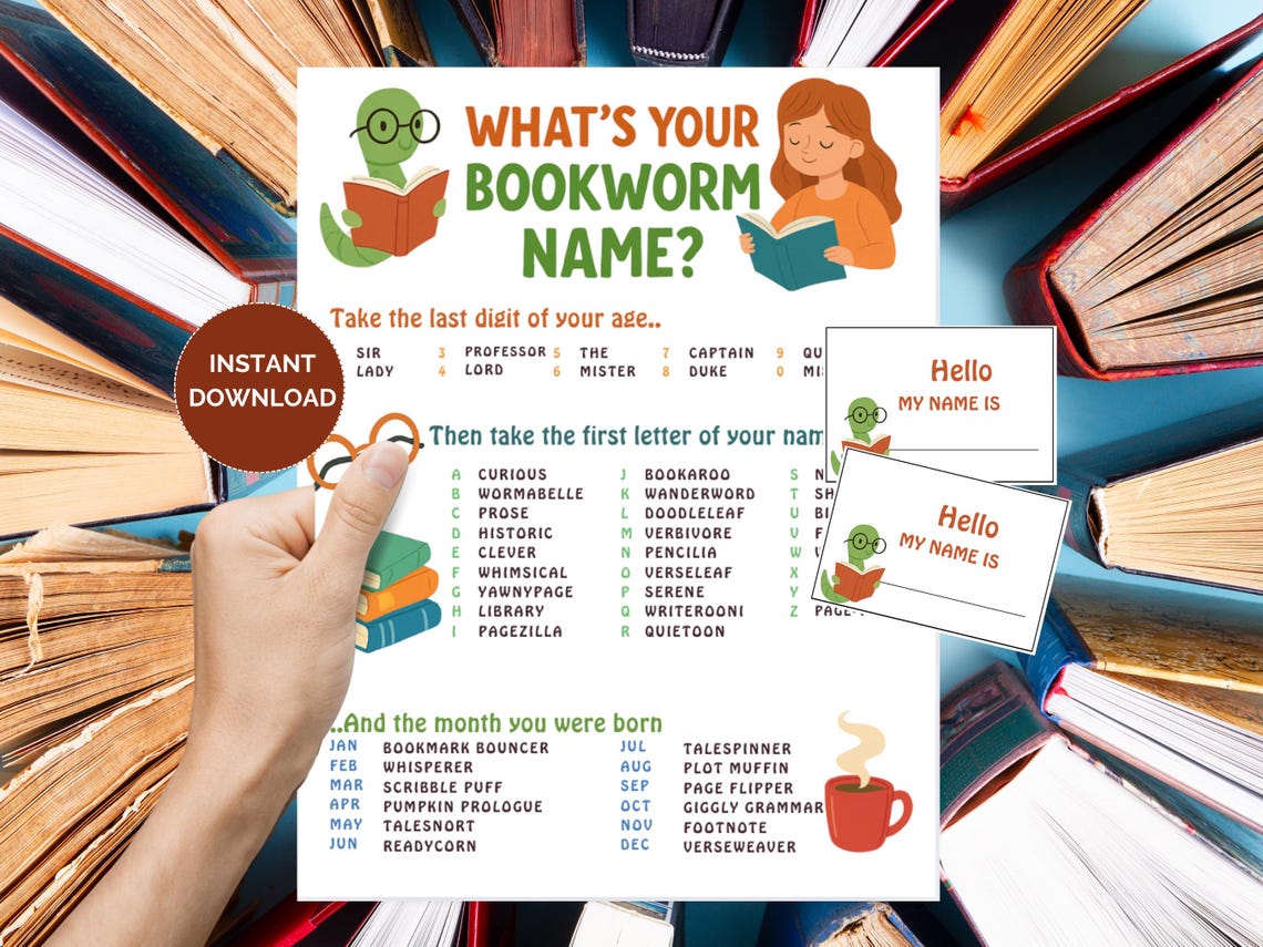 What’s Your Bookworm Name Printable Game, Reading Party Activity for ...