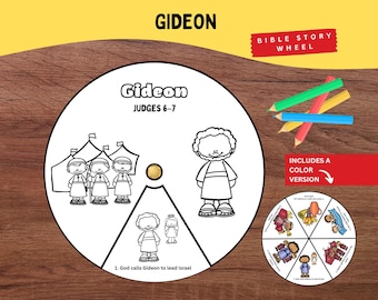 May include: A circular paper craft titled Gideon Judges 6-7 featuring black and white line art illustrations of figures and tents. A small gold fastener is in the center. A smaller colored version of the wheel and four colored pencils are included.