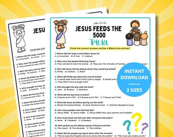 May include: A printable Bible trivia worksheet titled Jesus Feeds the 5000, featuring eleven multiple-choice questions, cartoon illustrations of Jesus and a crowd, and a blue circular badge stating Instant Download 2 Sizes.