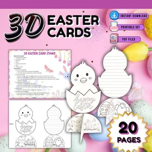 Cartes de Pâques 3D imprimables - 20 pages à colorier, travaux manuels pour enfants, cartes de Pâques à faire soi-même, téléchargement immédiat au format PDF, activité printanière, motifs mignons