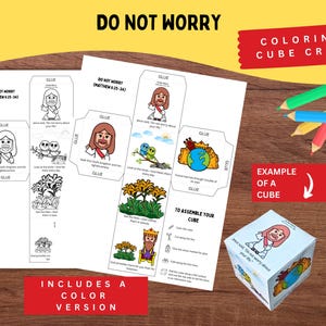 Könnte beinhalten: Ein Bastelset mit dem Text "DO NOT WORRY" und "COLORING CUBE CRAFT". Das Set enthält Malvorlagen mit Illustrationen und Anweisungen zum Zusammenbauen eines Würfels. Buntstifte sind sichtbar.