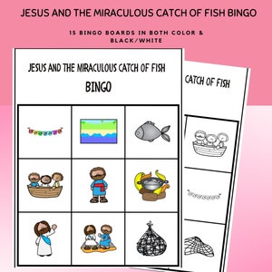Jesus e a pesca milagrosa de peixes bingo Set para crianças, Bingo Bíblico l História Bíblica do Novo Testamento l Jogo Bíblico da Escola Dominical