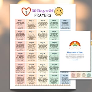 Puede incluir: Un conjunto de tres páginas impresas. La página principal es una tabla de 30 días de oraciones con un logotipo de corazón y cruz. Las otras páginas tienen un arcoíris con el texto "Hey child of God".