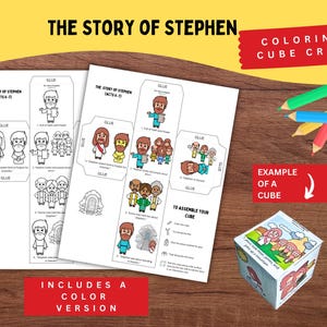 Puede incluir: Un kit de manualidades con el texto "The Story of Stephen" e instrucciones para montar un cubo para colorear. El kit incluye ilustraciones en blanco y negro y una versión en color. Se ven lápices de colores.