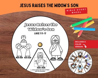 Puede incluir: Una manualidad de papel circular titulada Jesus Raises the Widow's Son Luke 7:11-17 con ilustraciones de líneas en blanco y negro de figuras bíblicas. Se muestra una versión a color más pequeña junto a cuatro lápices de colores.