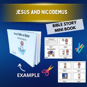 Puede incluir: Un mini libro de historias bíblicas con ilustraciones de Jesús. La portada dice "Jesús camina sobre el agua". El libro está abierto, mostrando varias páginas con dibujos y texto. También se ven lápices de colores y tijeras.