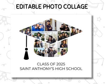 Modello di collage fotografico con cappello da laurea, personalizzato, regalo di laurea, modificabile in Canva, trascina e rilascia, download immediato