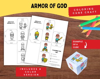 May include: Printable "Armor of God" coloring cube craft. Includes color and black and white versions. The image shows the cube craft with instructions, colored pencils, and the text "Armor of God" and "Coloring Cube Craft".