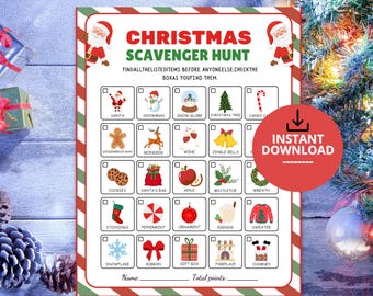 May include: A Christmas scavenger hunt game sheet with a red and green striped border, featuring illustrations of holiday items like Santa, a snowman, and a gingerbread man, with checkboxes and the text CHRISTMAS SCAVENGER HUNT.