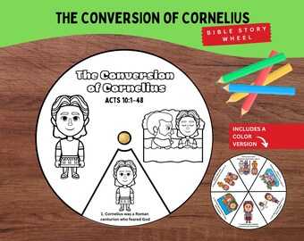 May include: A circular paper craft titled The Conversion of Cornelius Acts 10:1-48 featuring black and white line art illustrations of a Roman centurion and figures praying. Includes a smaller colored version and colored pencils.
