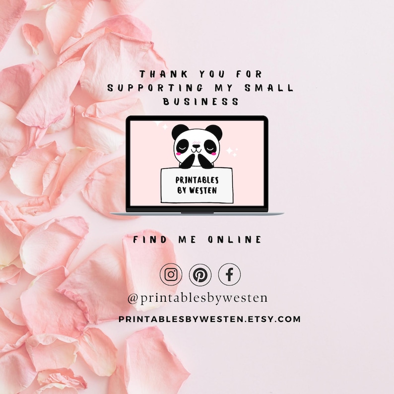 K&ouml;nnte beinhalten: Ein Laptop-Bildschirm zeigt eine Panda-Illustration, die ein Schild mit der Aufschrift "Printables by Westen" h&auml;lt. Das Bild enth&auml;lt Text: "Vielen Dank f&uuml;r die Unterst&uuml;tzung meines kleinen Unternehmens" und "Finden Sie mich online" mit Social-Media-Symbolen und der Etsy-Shop-URL.