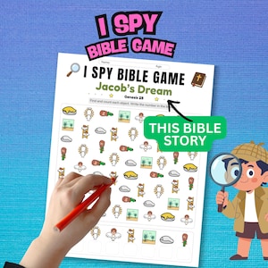 May include: A printable I Spy Bible Game activity sheet titled Jacob's Dream Genesis 28, featuring a grid of illustrated icons including angels, ladders, and rocks, with a cartoon detective character and a hand holding a red pencil.